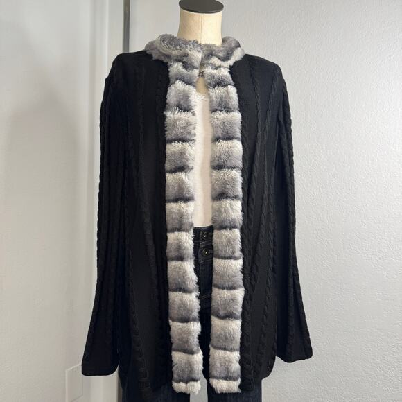 Ming Wang Black Faux Fur Cable Knit Cardigan Sweater Size 0X Glam Quiet Luxury - Picture 2 of 12